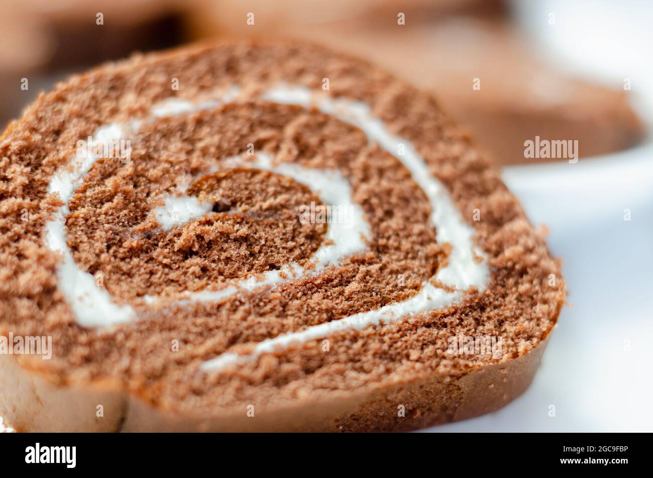 Chocolate sponge roll with a vanilla flavour filling, chocolate swiss