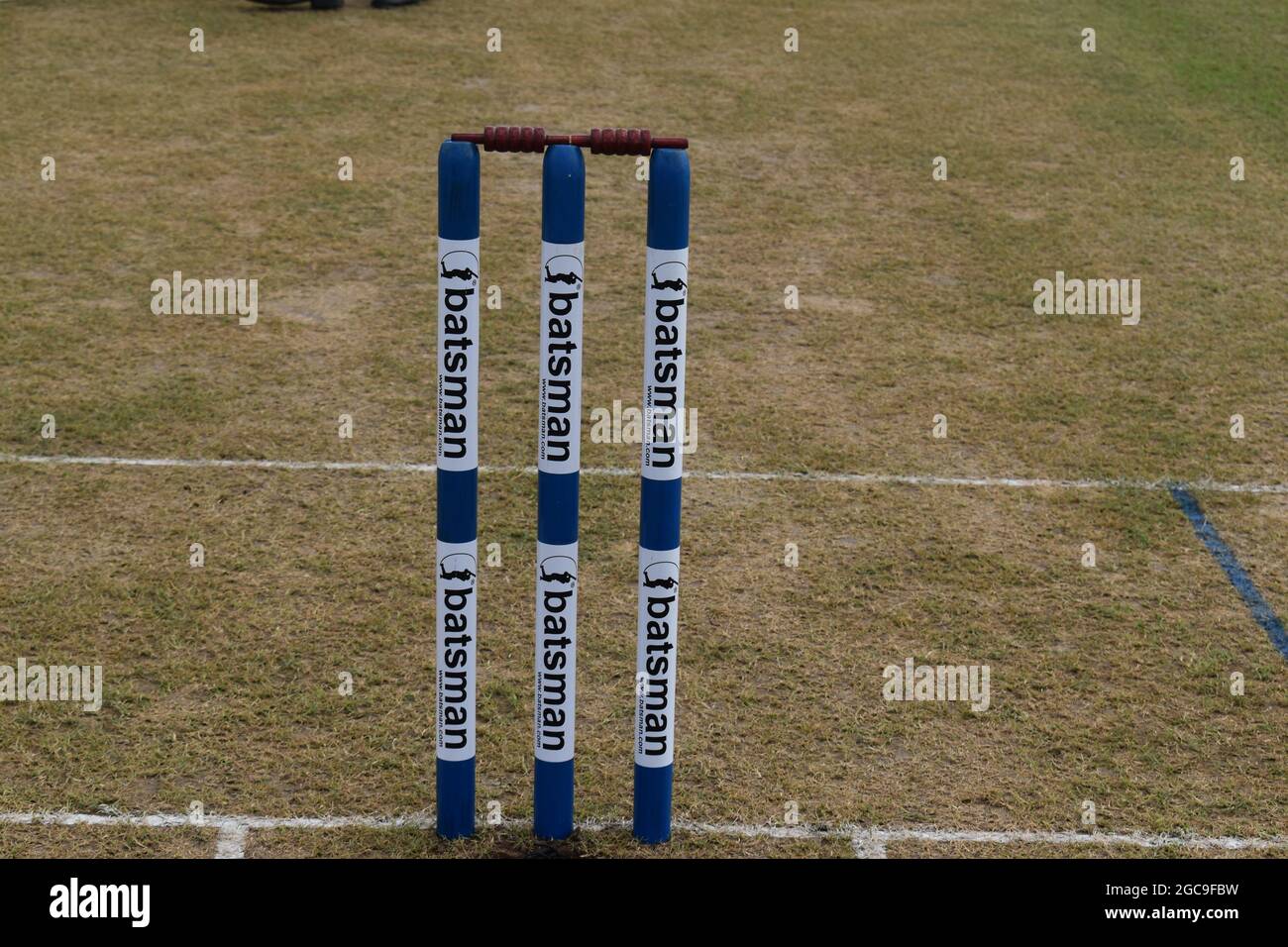 Stumps ready for play at a cricket match. Sri Lanka. Stock Photo
