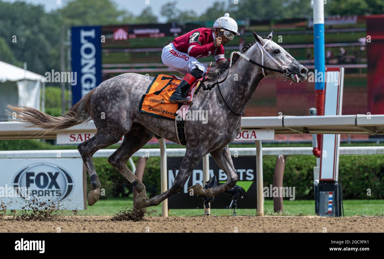 August 7, 2021, Saratoga Springs, New York, USA: 08072021:#7 STELLAR TAP ridden by RICARDO SANTANA wins the 5th race to give Steve Asmussen his 9446th win at Saratoga Race Course.Robert Simmons/Eclipse Sportswire Stock Photo