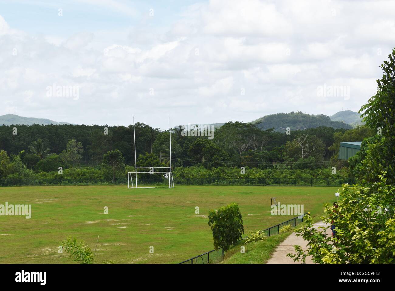 A rugby and football ground. Army Ordinance cricket grounds. Dombagoda. Sri Lanka. Stock Photo