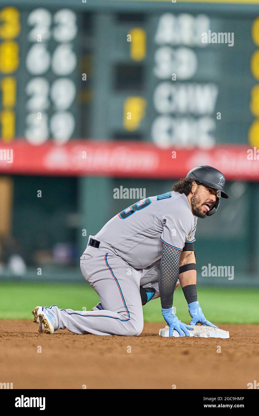 August 6 2021: Florida catcher Jorge Alfaro (38) hits a double during the  game with Colorado Rockies and Miami Marlins held at Coors Field in Denver  Co. David Seelig/Cal Sport Medi(Credit Image