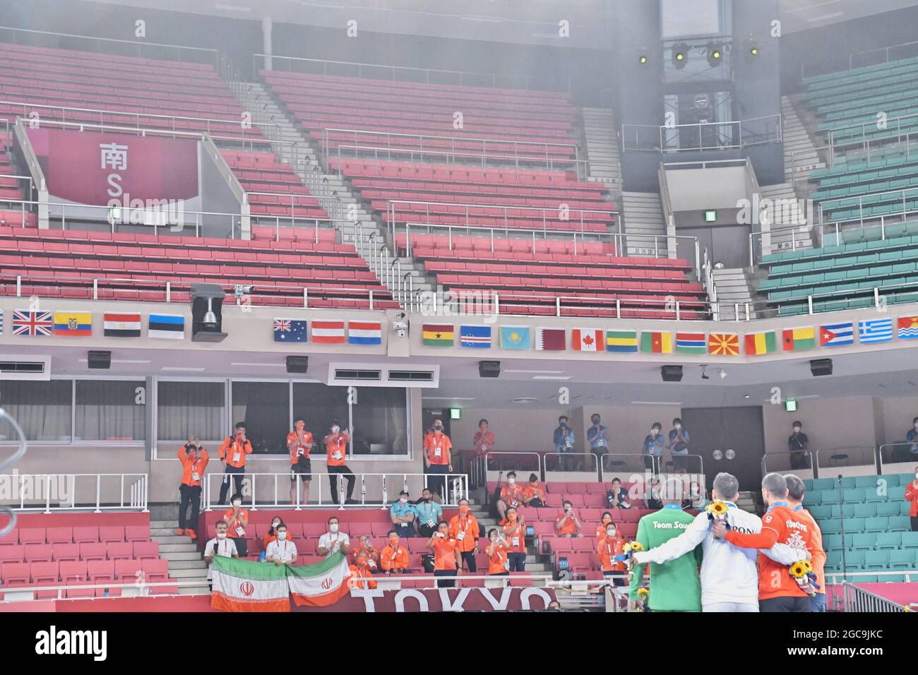 Tokyo, Japan. 07th Aug, 2021. (L-R)Silver medalist Saudi Arabia's Tareg Hamedi, gold medalist Iran's Sajad Ganjzadeh, bronze medalists Turkey's Ugur Aktas and Japan's Ryutaro Araga pose for camera during the Tokyo Olympics Men's kumite  75kg Karate Medal Ceremony at Nippon Budokan, Tokyo, Japan on Saturday, August 7, 2021. Photo by Keizo Mori/UPI Credit: UPI/Alamy Live News Stock Photo