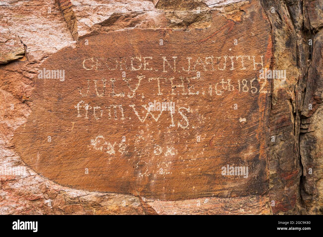 Pioneer Graffitti from 1852 in the High Rock Canyon in the Black Rock High Rock National Conservation Area, NV, 2020. Stock Photo