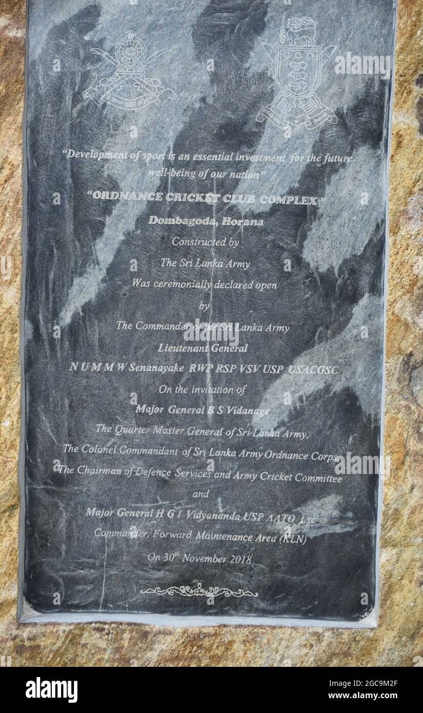 Foundation stone of the sports complex. Army Ordinance camp Dombagoda. Sri Lanka. Stock Photo