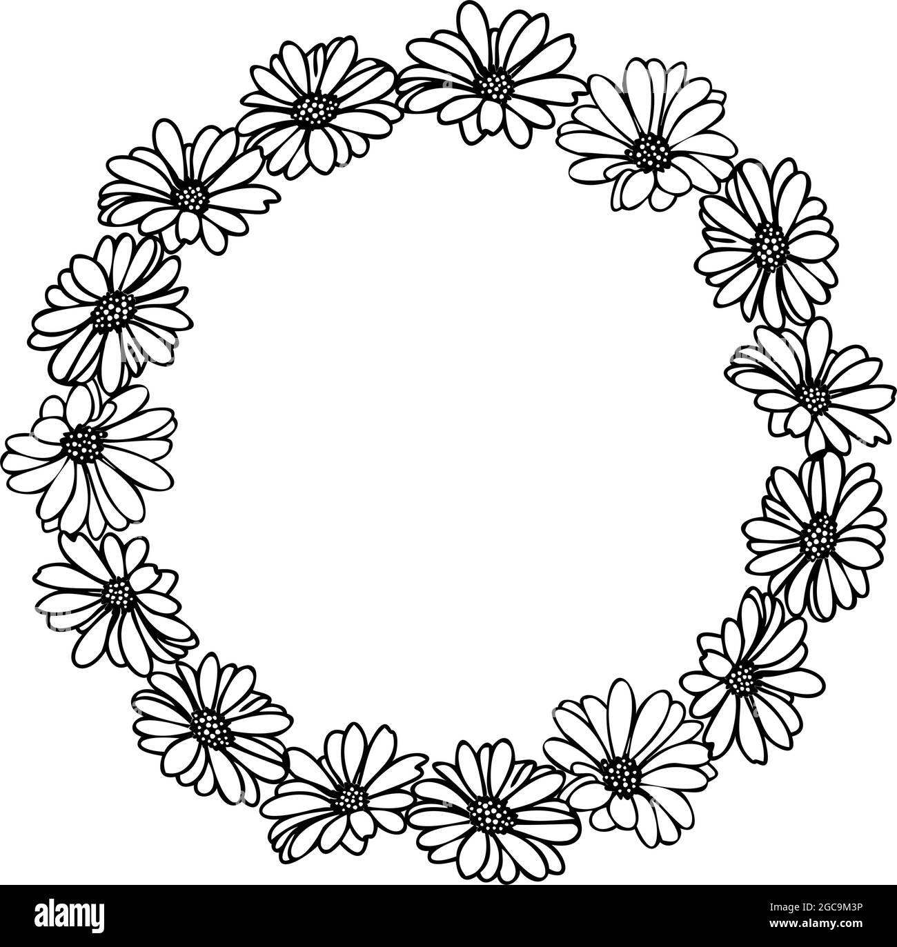 Daisy flower elements arranged on a shape of the wreath for wedding invitations cards. Stock Vector