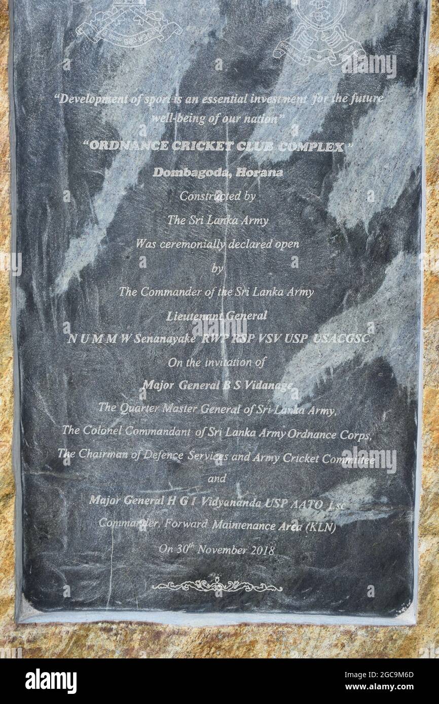 Foundation stone of the sports complex. Army Ordinance camp Dombagoda. Sri Lanka. Stock Photo