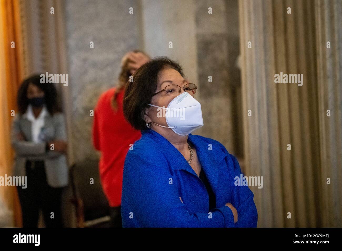 Washington, Vereinigte Staaten. 07th Aug, 2021. United States Senator Mazie Hirono (Democrat of Hawaii) departs the Senate chamber during a vote at the US Capitol in Washington, DC, Saturday, August 7, 2021. Credit: Rod Lamkey/CNP/dpa/Alamy Live News Stock Photo