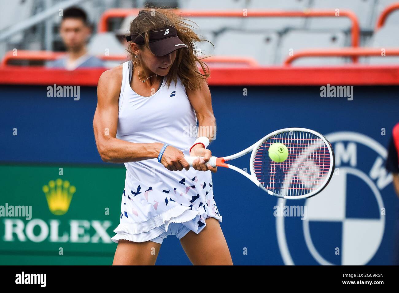 August 07, 2021: Melodie Collard (CAN) returns the ball during the WTA National Bank Open qualifying round match at IGA Stadium in Montreal, Quebec. David Kirouac/CSM Stock Photo