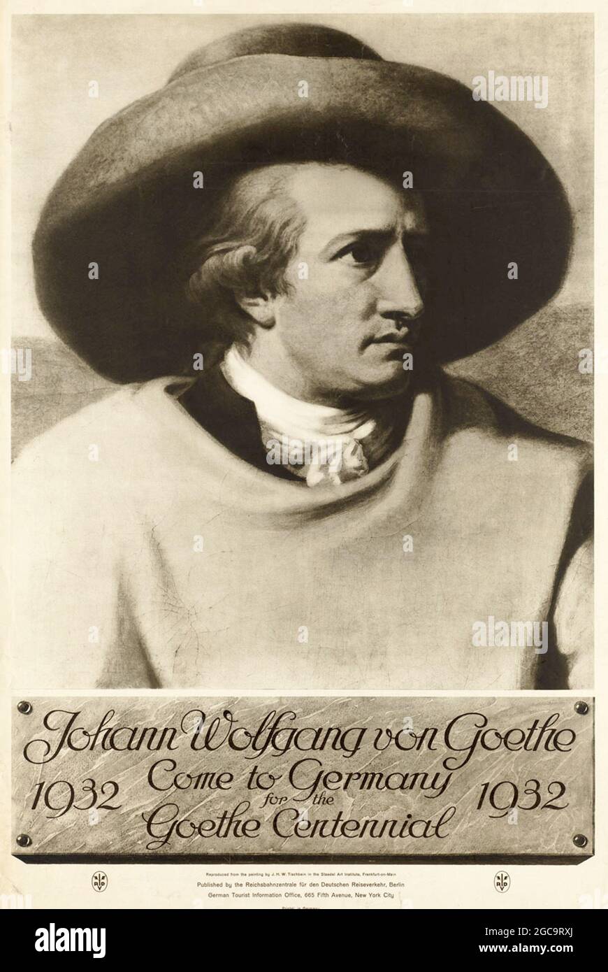 An vintage 1932 travel poster for Germany with a portrait of Goethe Stock Photo
