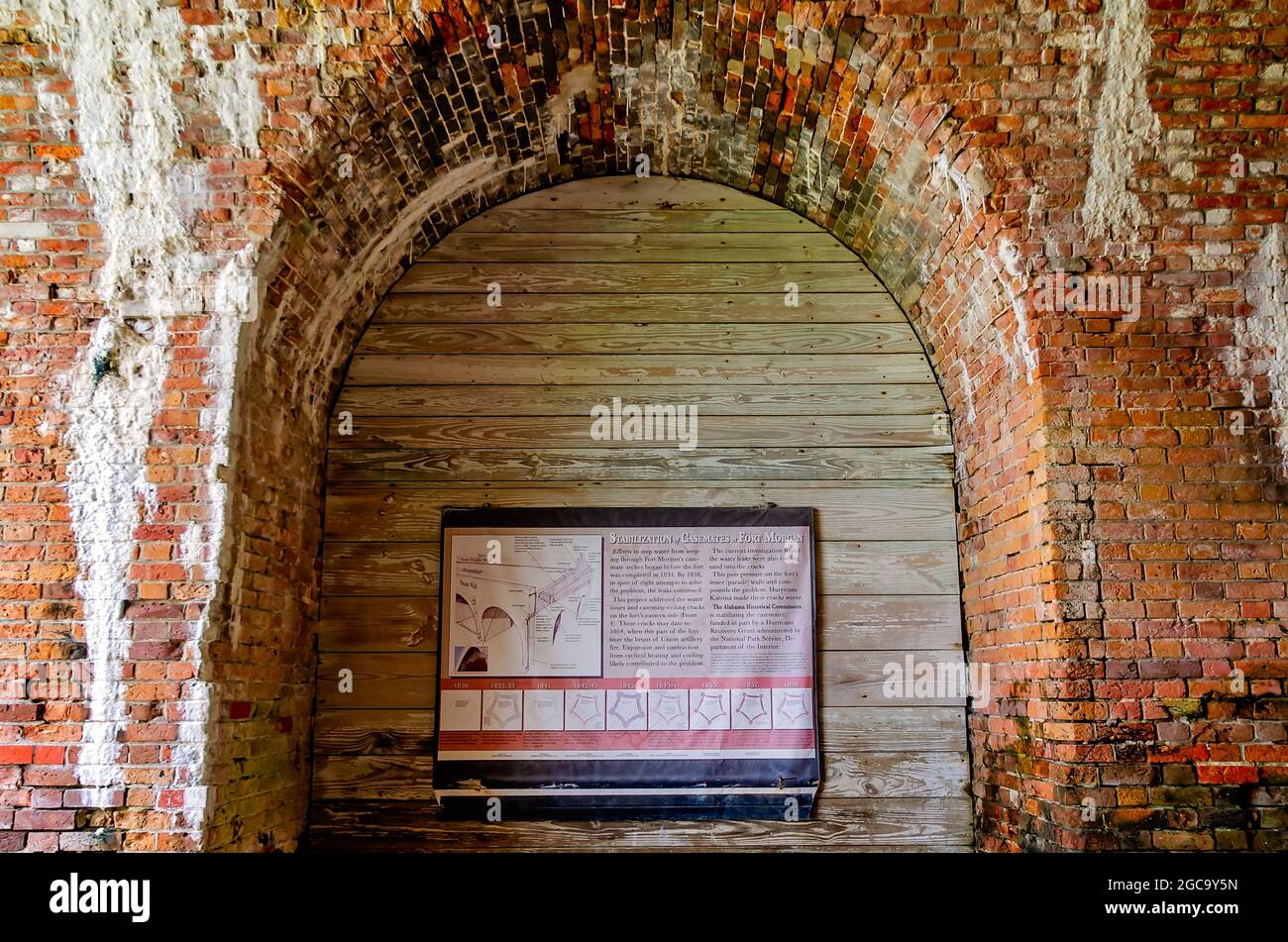 A poster details attempts to protect and stabilize the casemates at Fort Morgan, July 31, 2021, in Gulf Shores, Alabama. Fort Morgan was built in 1834. Stock Photo