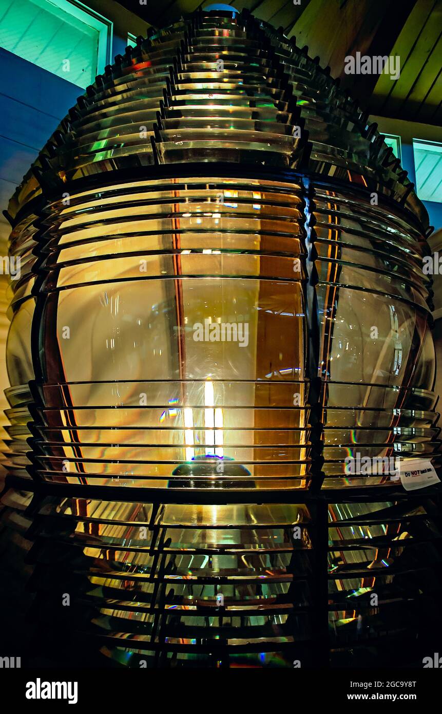 A Second Order Fresnel lens from the Sand Island Lighthouse is displayed at the Fort Morgan museum, July 31, 2021, in Gulf Shores, Alabama. Stock Photo