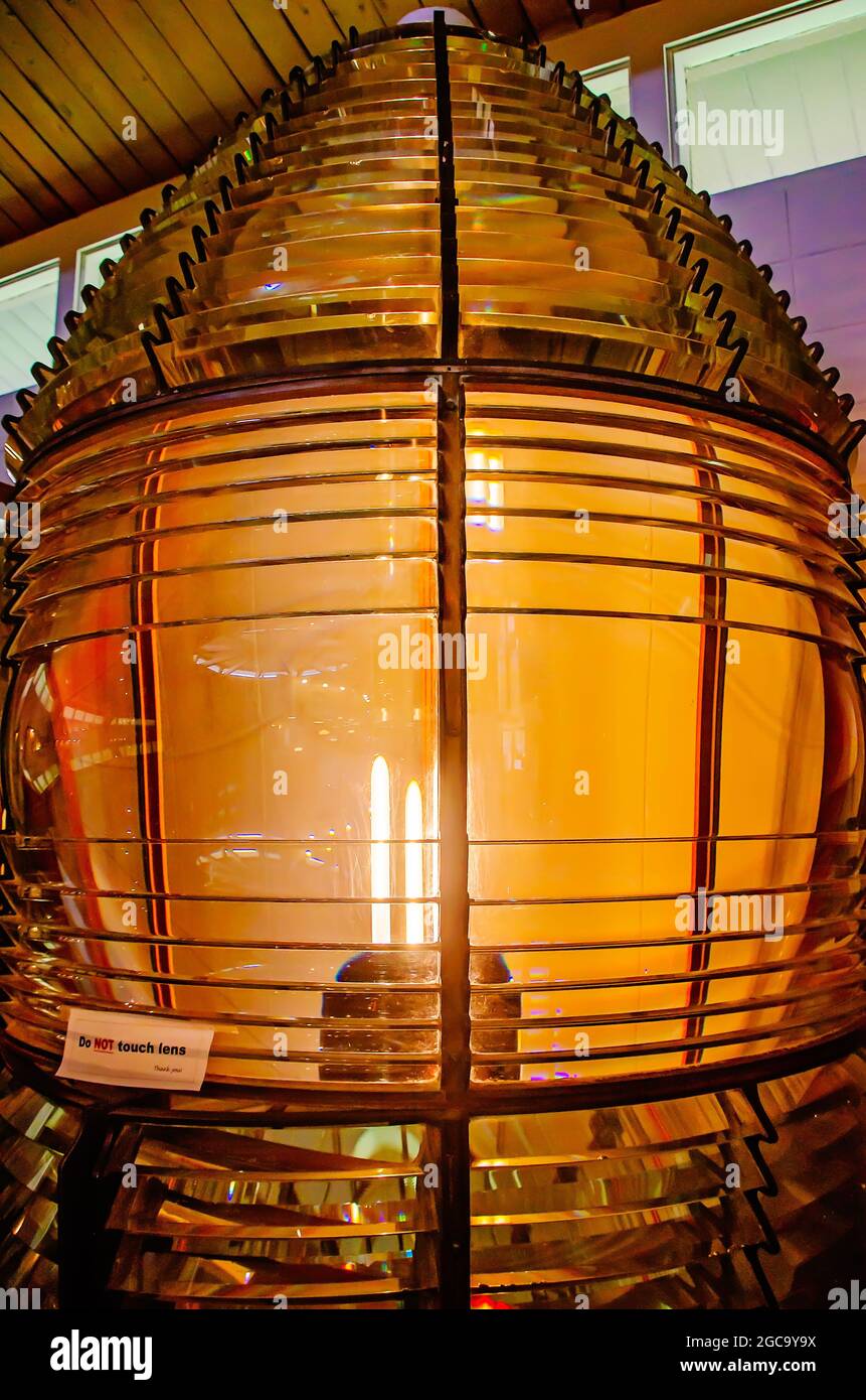 A Second Order Fresnel lens from the Sand Island Lighthouse is displayed at the Fort Morgan museum, July 31, 2021, in Gulf Shores, Alabama. Stock Photo