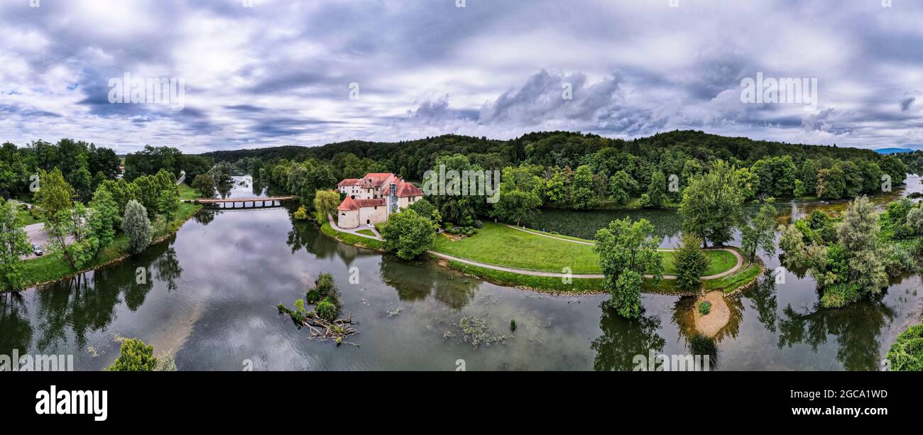 Aerial Panorama Otocec Castle on Krka River in Slovenia. Stock Photo