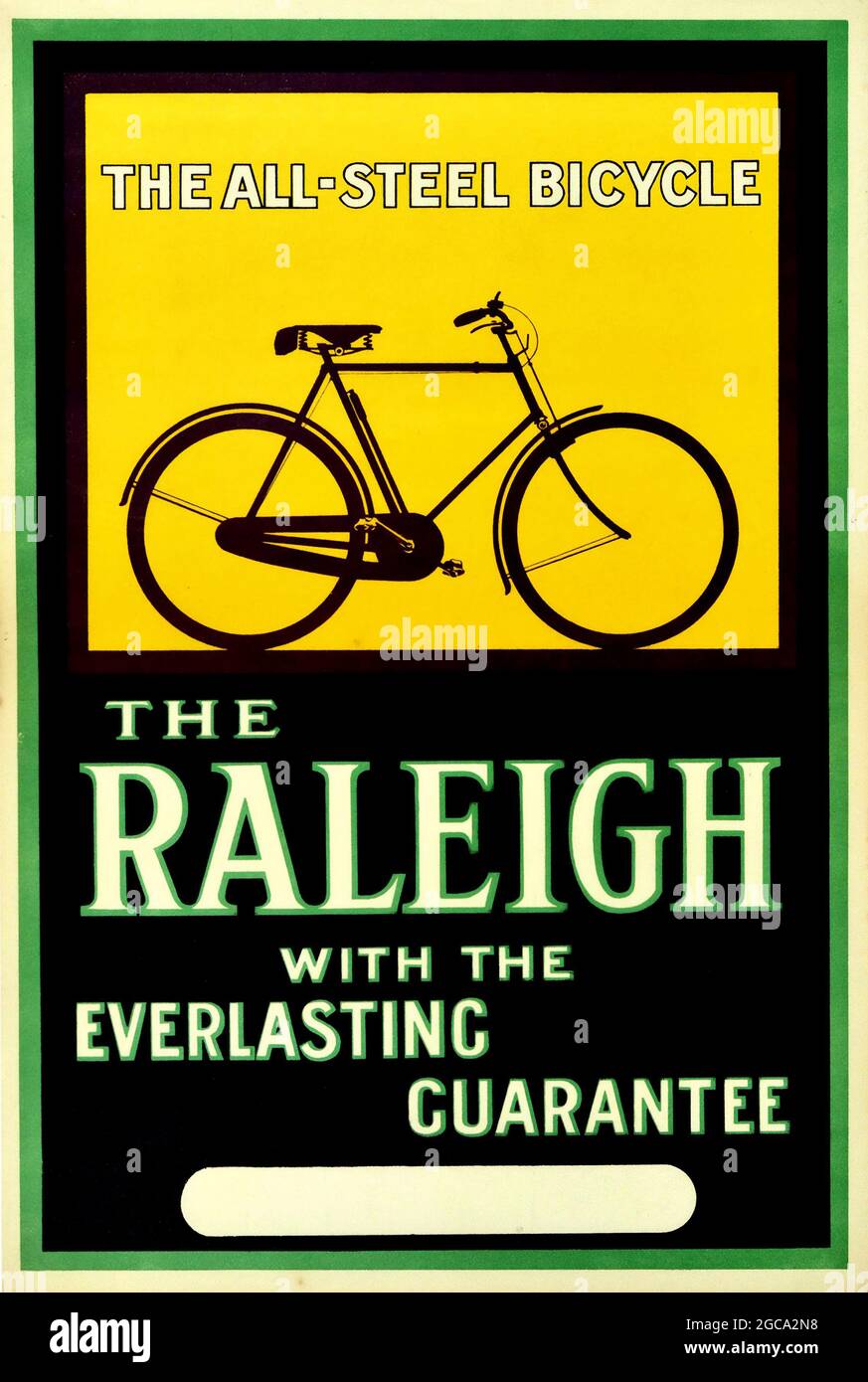 Vintage Poster - Raleigh Design Bike Advertising Art - The all-steel bicycle. Everlasting guarantee. 1930s. Stock Photo