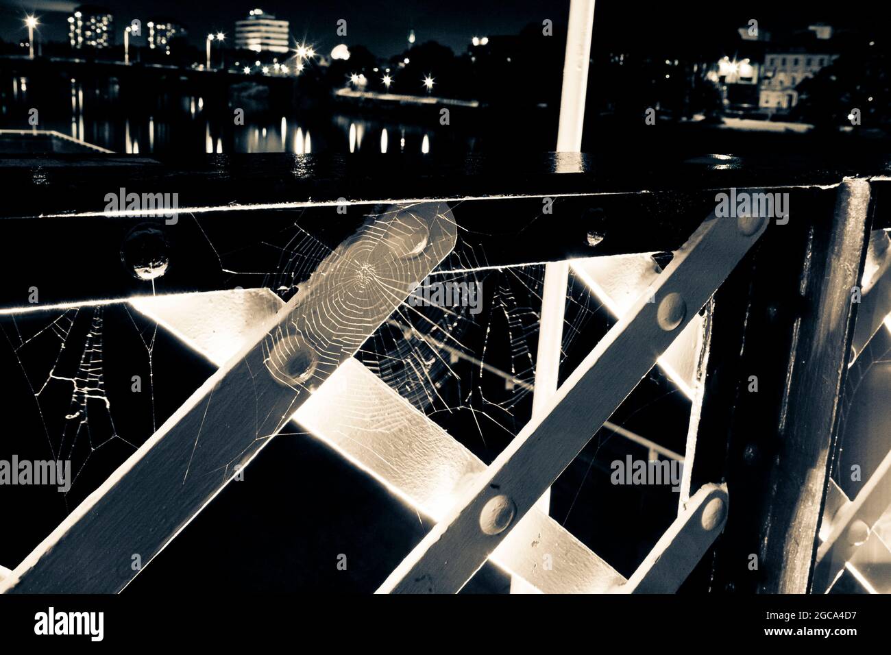 Spiders web on Suspension Bridge, Glasgow, Scotland. Stock Photo