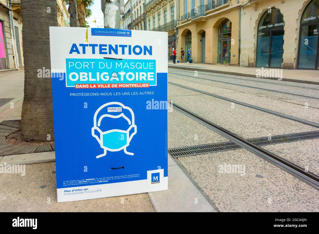 Montpellier, France, Detail, Covid-19 Virus Mask Rules Sign on Street, public health challenges Stock Photo
