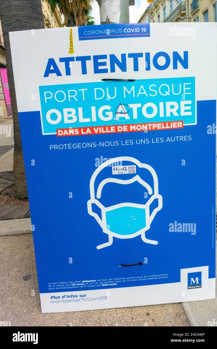 Montpellier, France, Covid-19 Virus Mask Rules Sign on Street Stock Photo