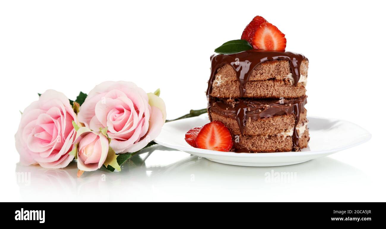 Chocolate cake with strawberry isolated on white Stock Photo - Alamy