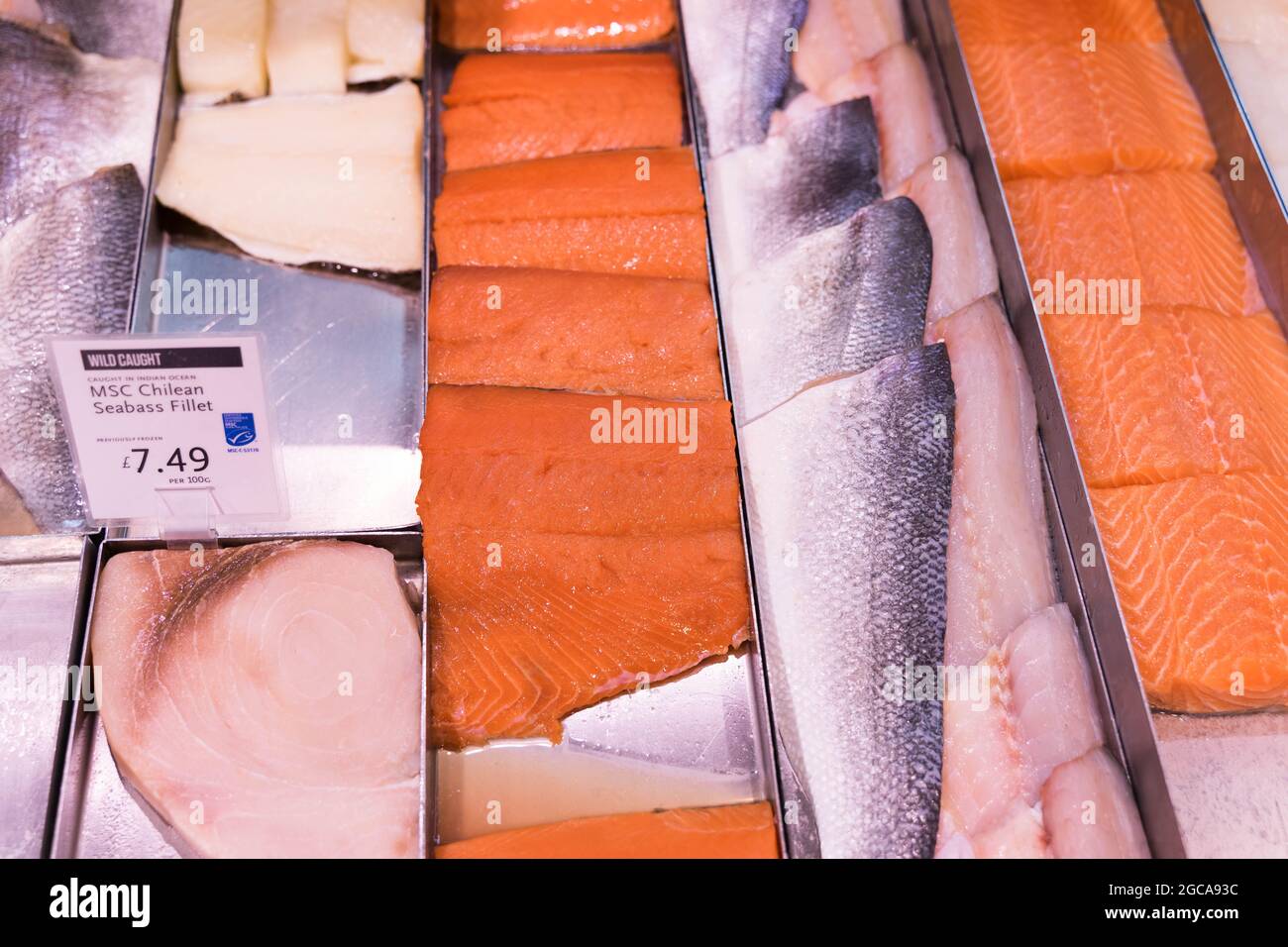 seabass fillet, salmon steak at Whole foods market near Piccadilly