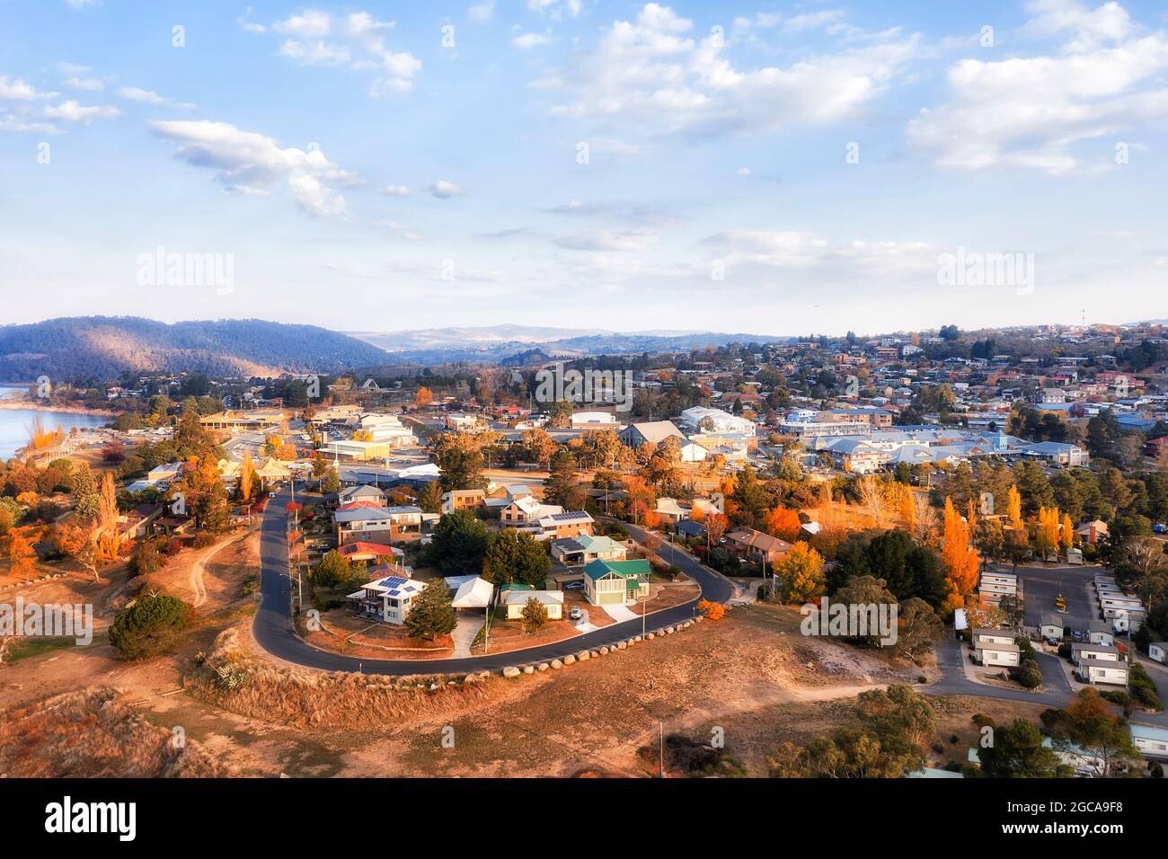 Streets of Jindabyne town on Jindabyne lake of Snowy river and hydro