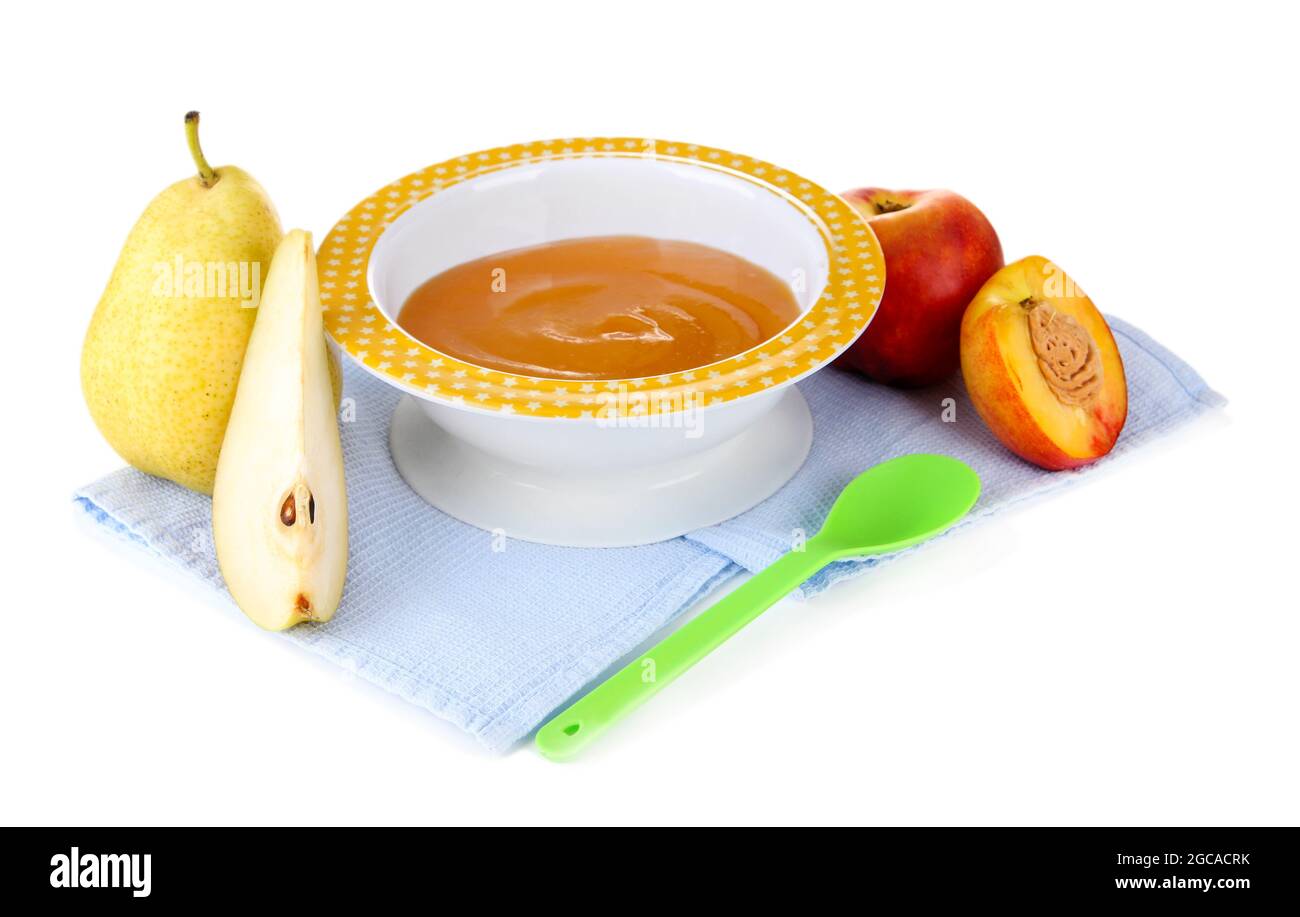 Tasty baby fruit puree isolated on white Stock Photo - Alamy