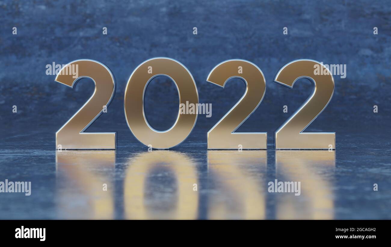 happy new year 2022 text metal effect 3d numbers with abstract metal background . for greeting card, banner, poster . 3d illustration rendering . Stock Photo