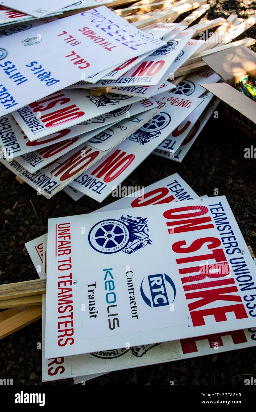 Reno, United States. 03rd Aug, 2021. Picket signs are seen during the strike.Bus drivers go on strike after union negations failed. The city is without public transportation. (Photo by Ty O'Neil/SOPA Images/Sipa USA) Credit: Sipa USA/Alamy Live News Stock Photo