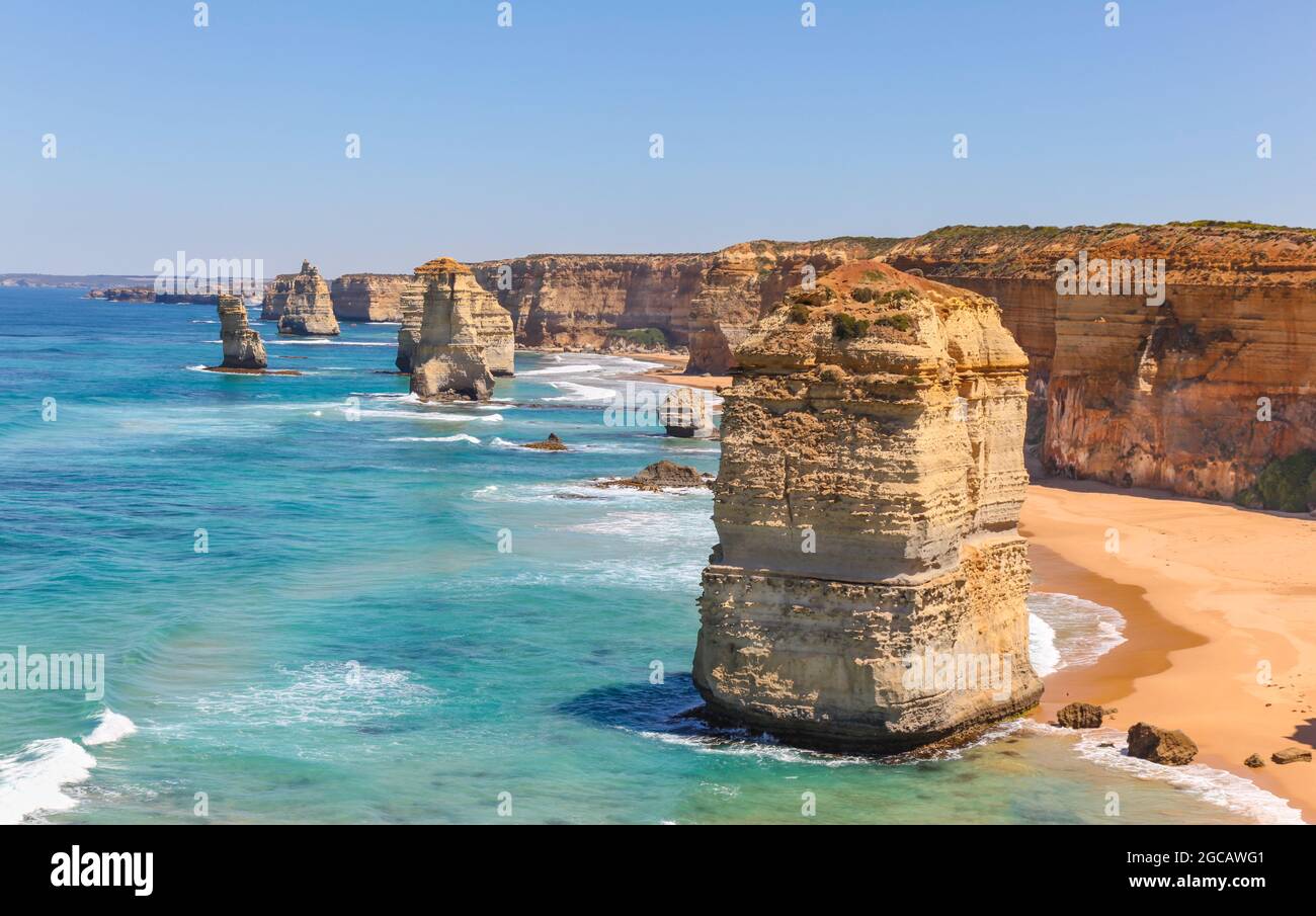 The twelve apostles on the Great Ocean road in Victoria is one of Australia's most famous natural landmarks. The area can be visited from Victoria's c Stock Photo