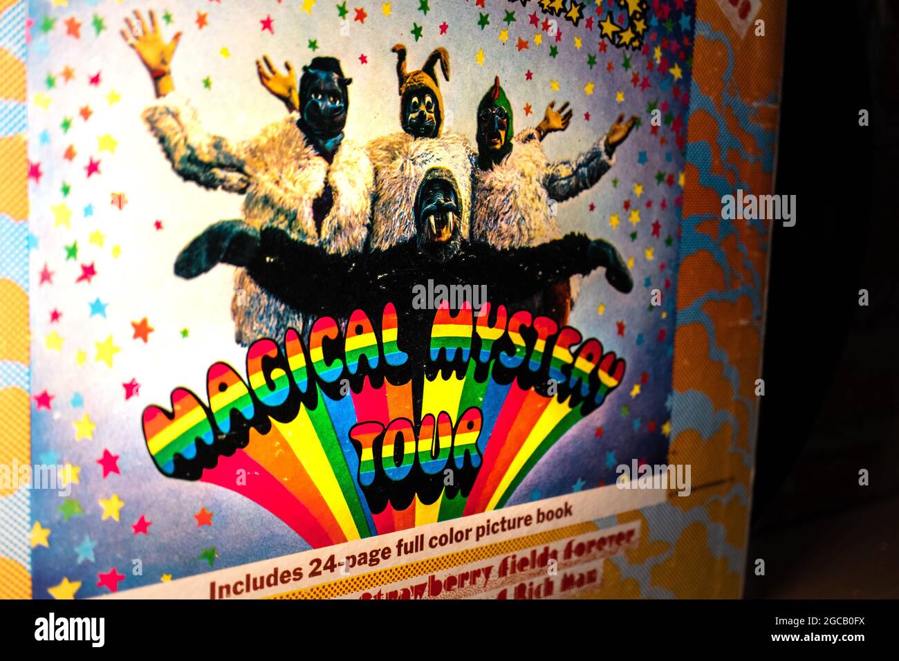 Closeup of Detail on The Beatles Magical Mystery Tour Vinyl Record Sleeve Stock Photo