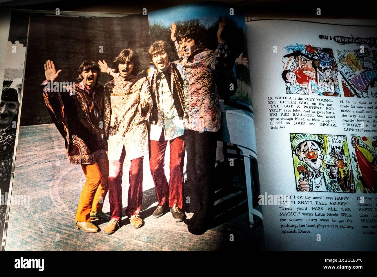 Closeup of Band Member Photography and Cartoon in Photo Book Included with The Beatles Magical Mystery Tour Vinyl Record Stock Photo