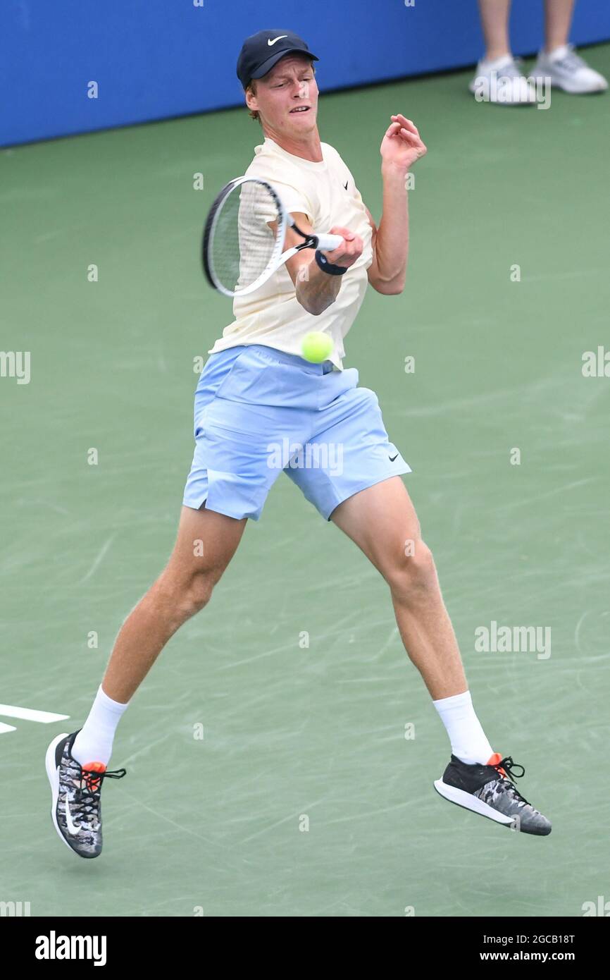 Washington, D.C, USA. 7th Aug, 2021. JANNIK SINNER hits a forehand during  his match against Jenson Brooksby at the Rock Creek Tennis Center. (Credit  Image: © Kyle Gustafson/ZUMA Press Wire Stock Photo -