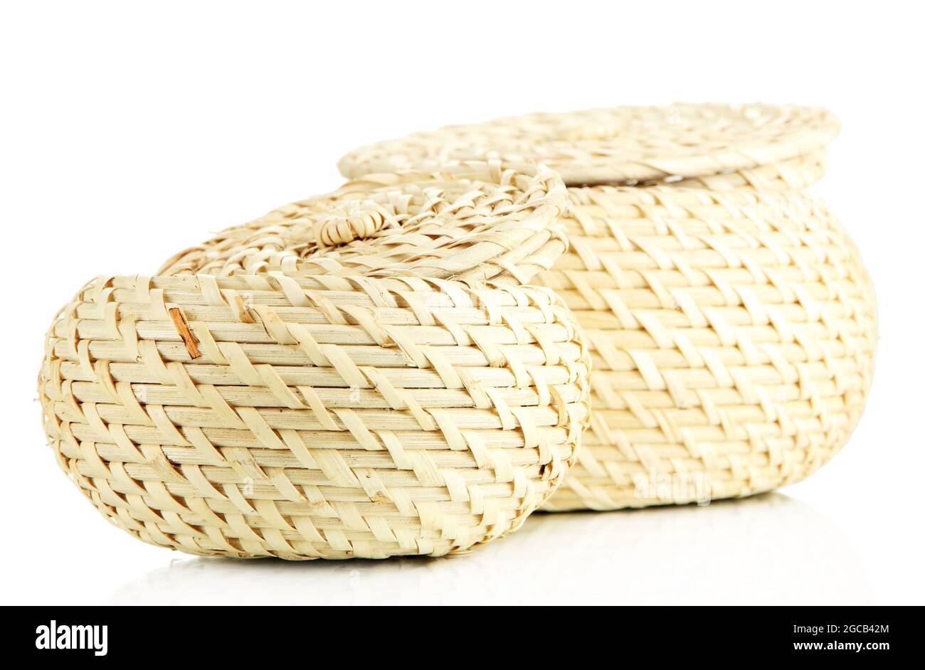 Two wicker baskets with covers, isolated on white Stock Photo Alamy