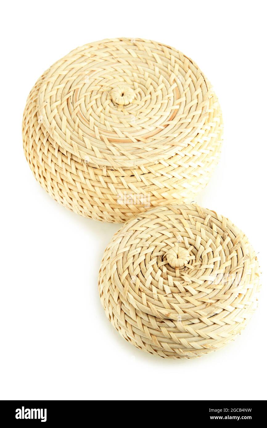 Two wicker baskets with covers, isolated on white Stock Photo Alamy