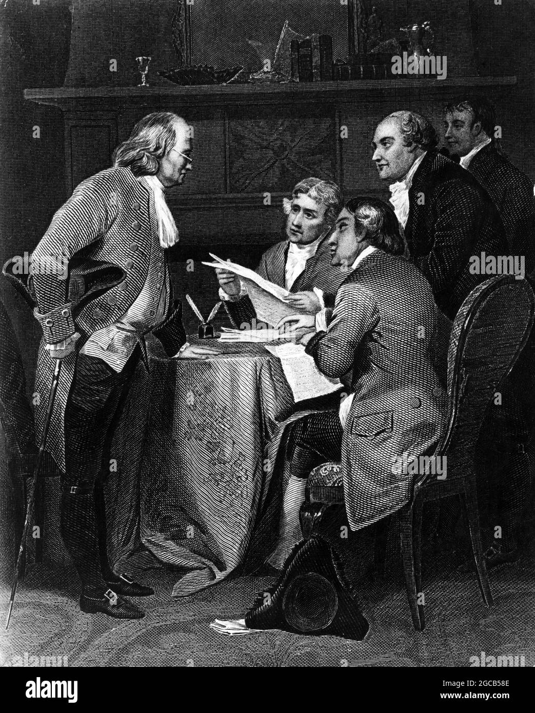 1776:  Benjamin Franklin (left), American politician, writer and inventor, drafting the Declaration of Independence. The drafting committee includes f Stock Photo