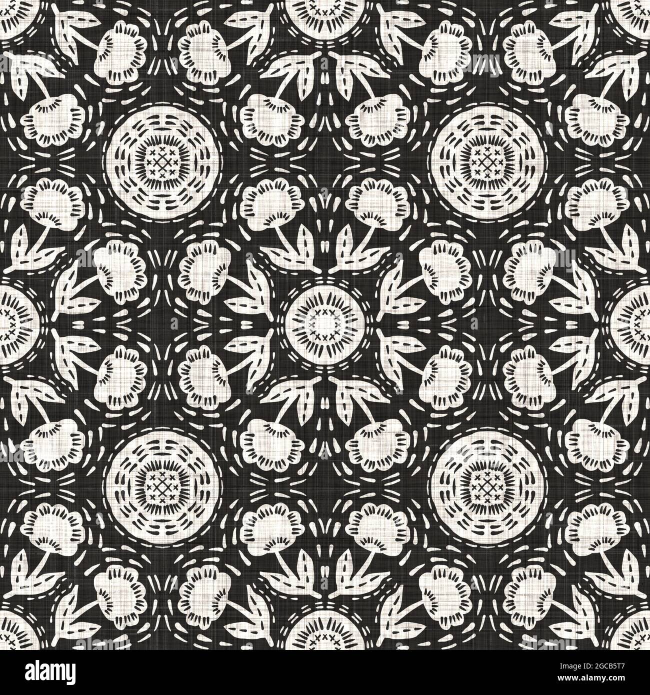 Seamless black white woven cloth floral linen texture. Two tone ...
