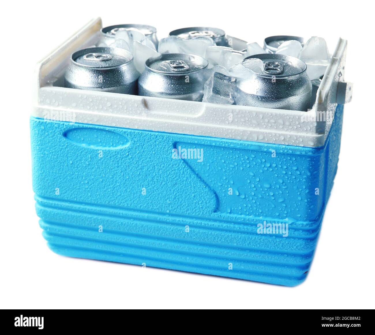 Metal cans of beer with ice cubes in mini refrigerator, isolated on