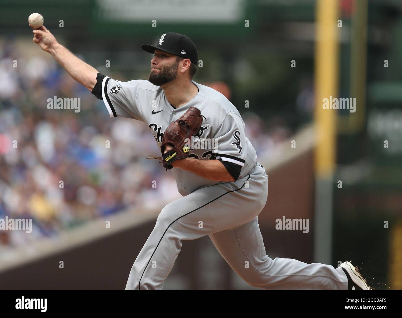 White Sox starting pitcher Lance Lynn collects his thoughts after allowing  a three-run home run to Yankees right fielder Aaron Judge (99) in the third  inning in the Field of Dreams game