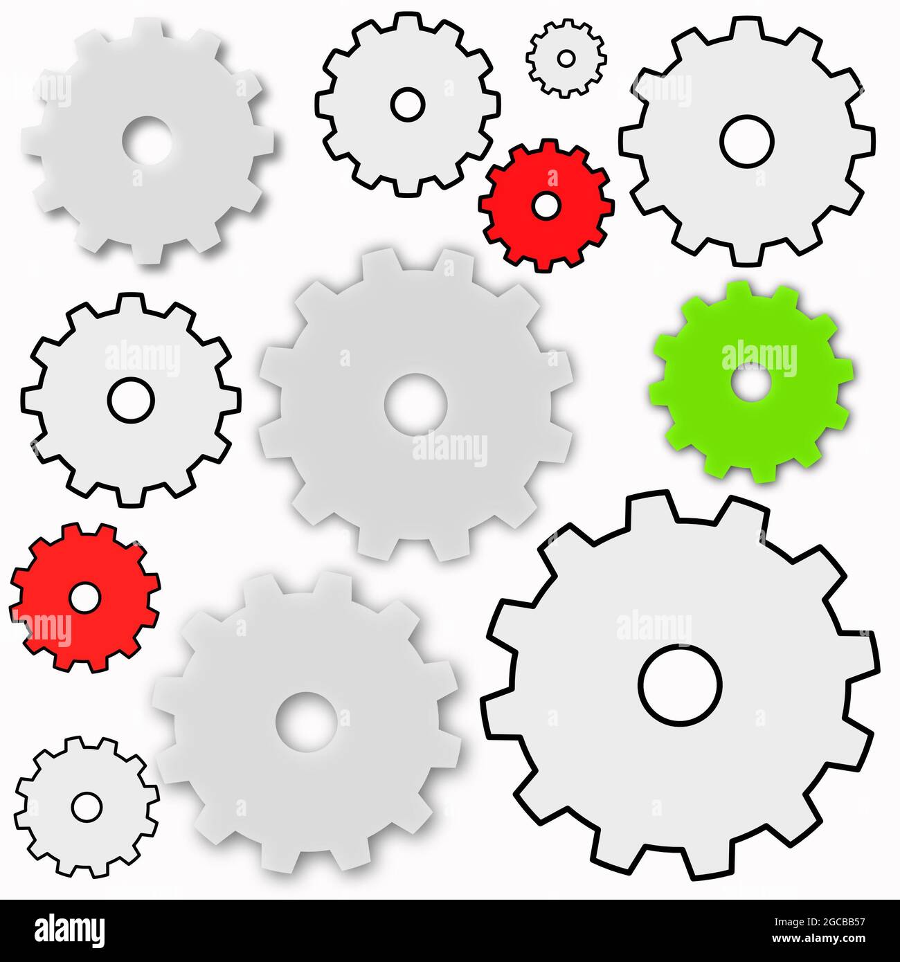 An illustration of simple cogs and gears on a white background Stock
