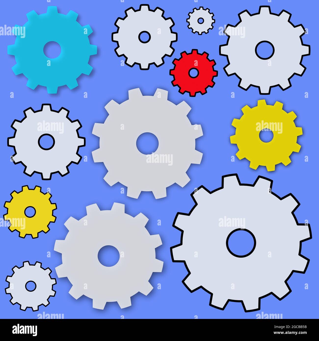 An illustration of simple cogs and gears on a blue background Stock Photo Alamy