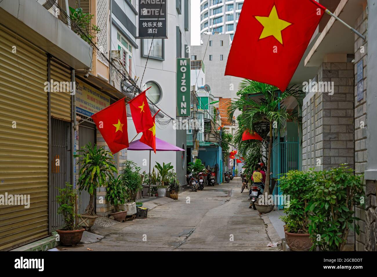 Vietnamese Flags Lining the Street on National Day.  Nha Trang, Vietnam: 2020-10-13 Stock Photo