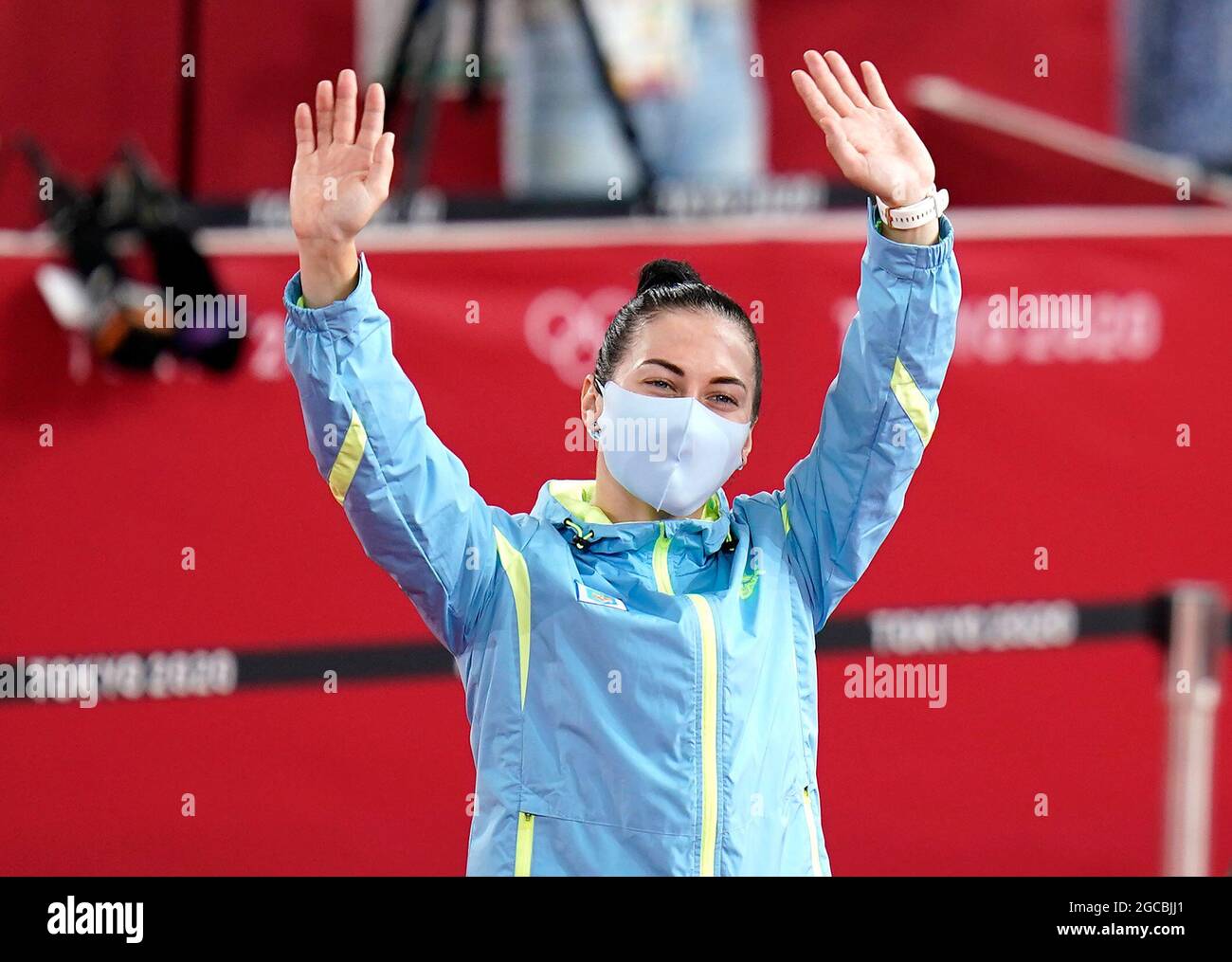 Ukraine's Olena Starikova celebrates winning silver in the Women's Sprint event at the Izu Velodrome on the sixteenth day of the Tokyo 2020 Olympic Games in Japan. Picture date: Sunday August 8, 2021. Stock Photo