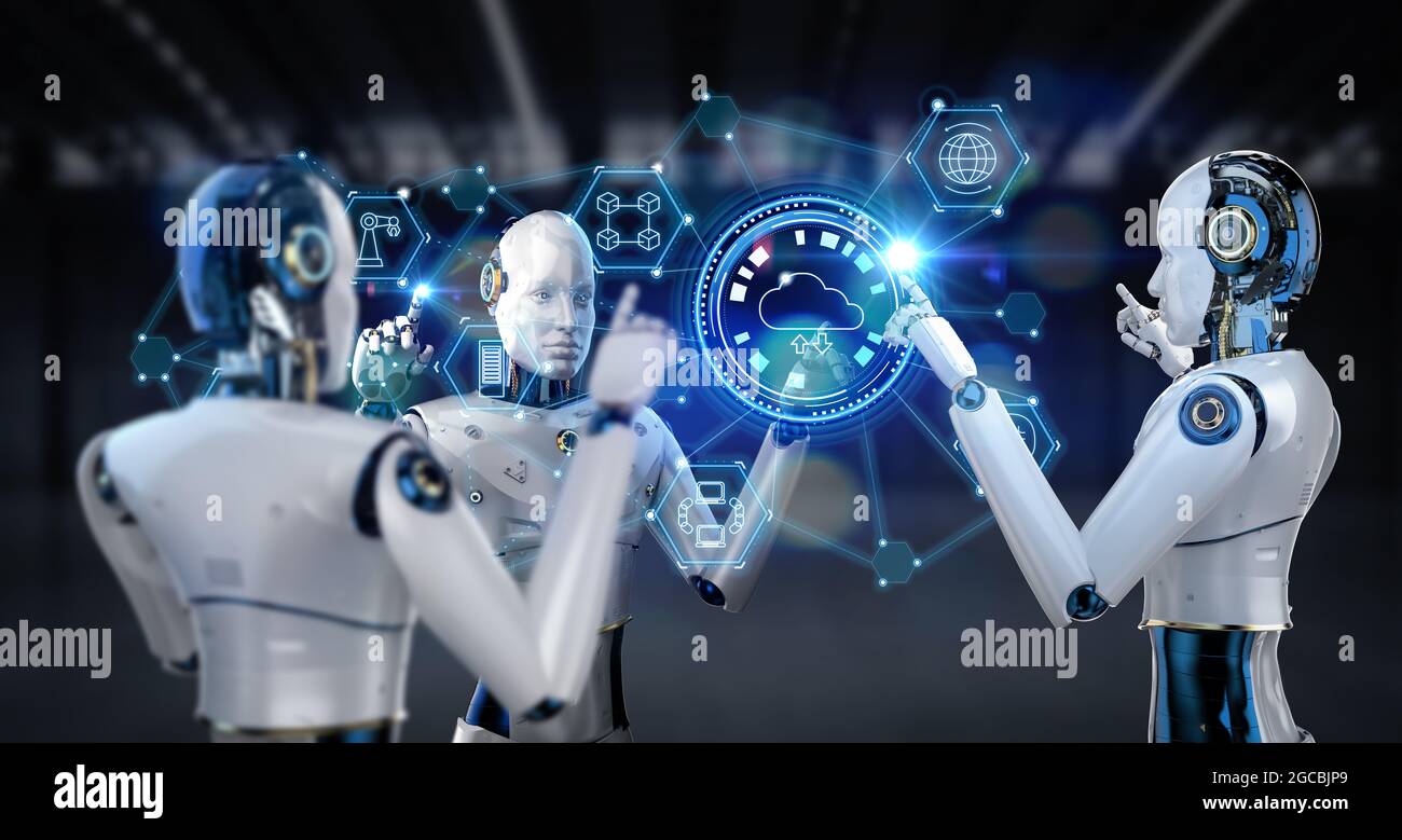 Cloud computing technology concept with 3d rendering group of robots ...