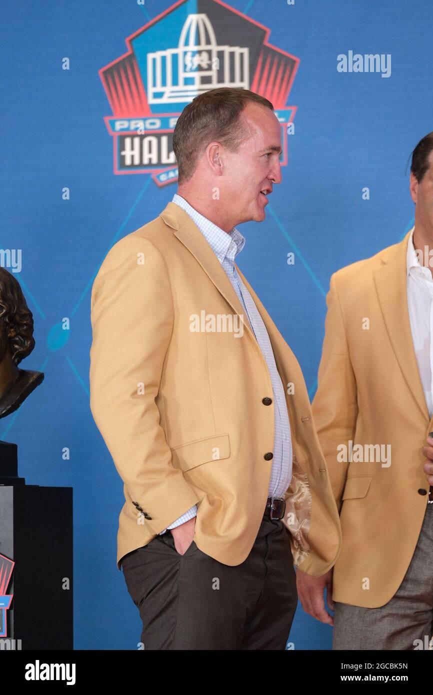 August 7th, 2021: Peyton Manning during the Pro Football Hall of Fame Enshrinement at Tom Benson Stadium in Canton, OH. Jason Pohuski/CSM Stock Photo