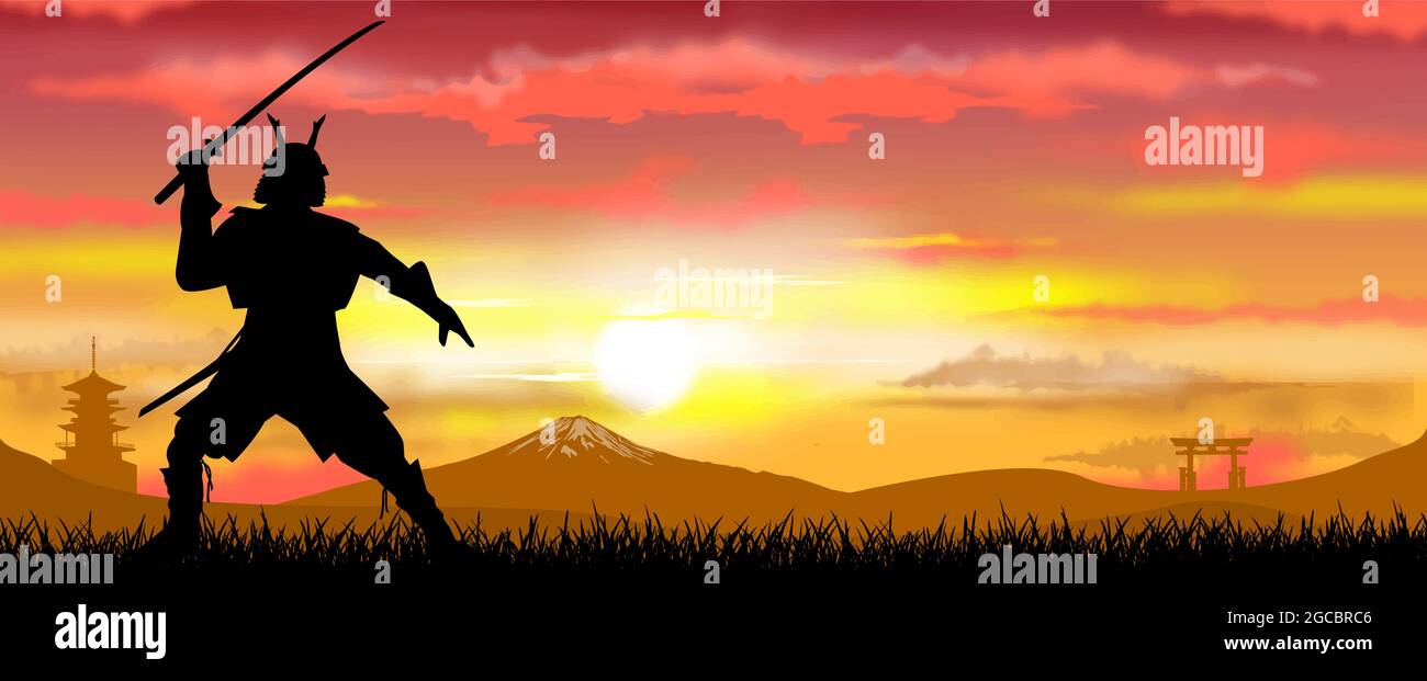 Japanese samurai warrior with a sword at sunset. A man stands with a sword in his hands against the backdrop of a sunny sunset, against the backdrop o Stock Vector