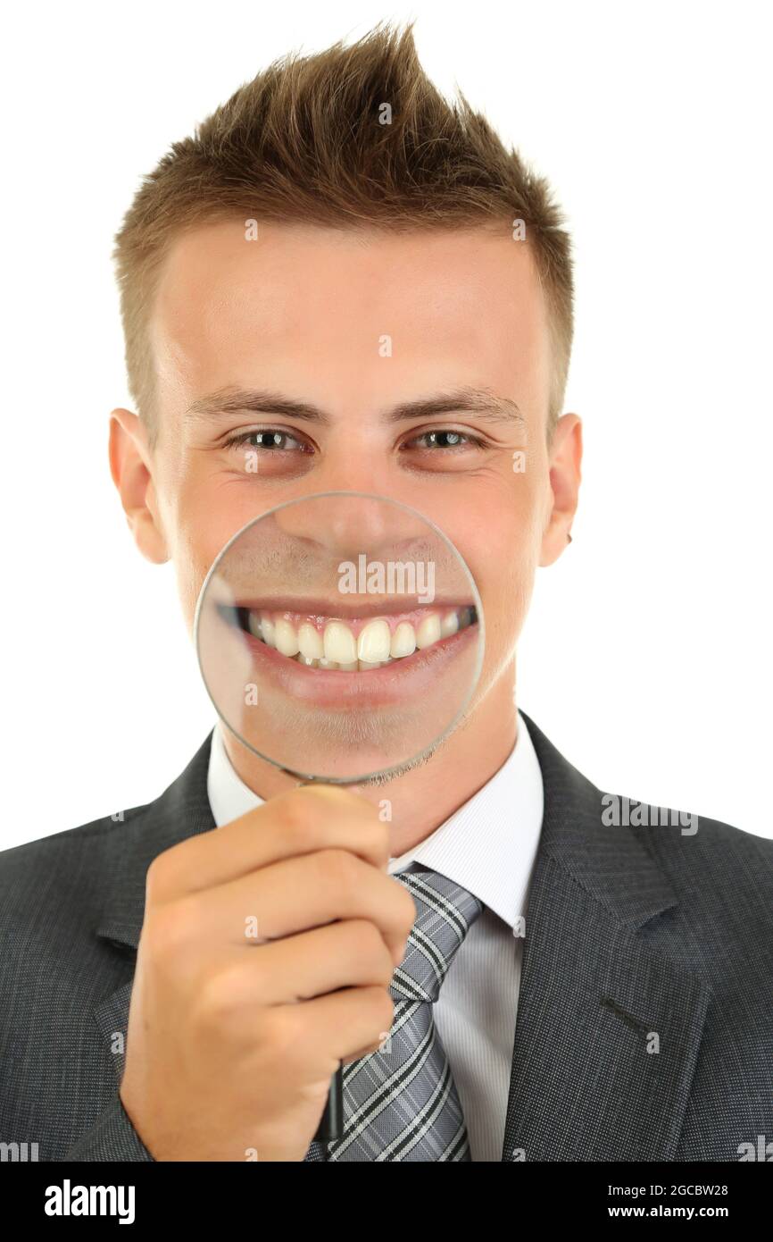 Businessman With Magnifying Glass Zooming On His Smile Stock Photo Alamy