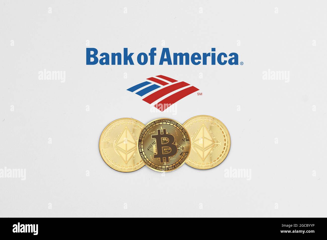 Tashkent, Uzbekistan - April 2, 2021: Bitcoin and Ethereum cryptocurrency  coins on Bank of America logo. Symbol of bitcoin rolling out of Stock Photo  - Alamy