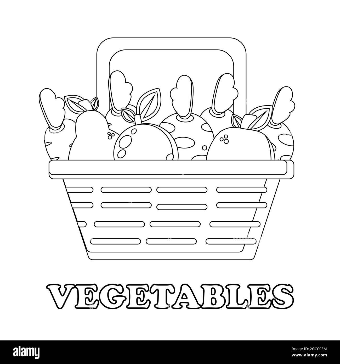 vegetable on the basket coloring page. healthy food coloring page for children . on white background Stock Photo