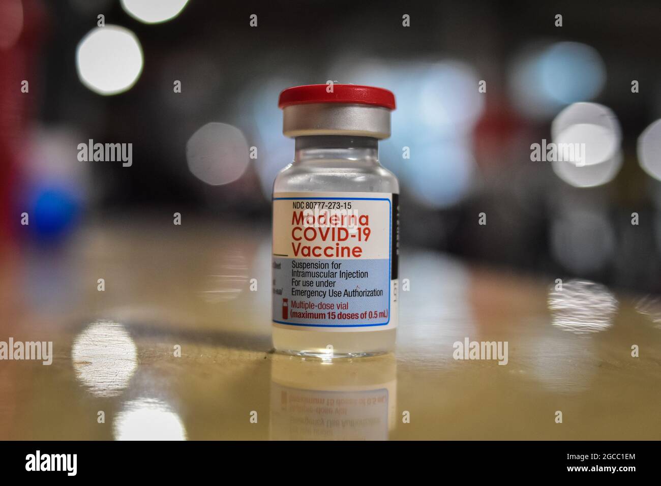 A vial of the Moderna COVID-19 Vaccine as people from ages 25 to 30 start their vaccination phase with the Moderna novel COVID-19 vaccine against the Coronavirus disease in Ipiales - Nariño, Colombia on August 2, 2021. Stock Photo