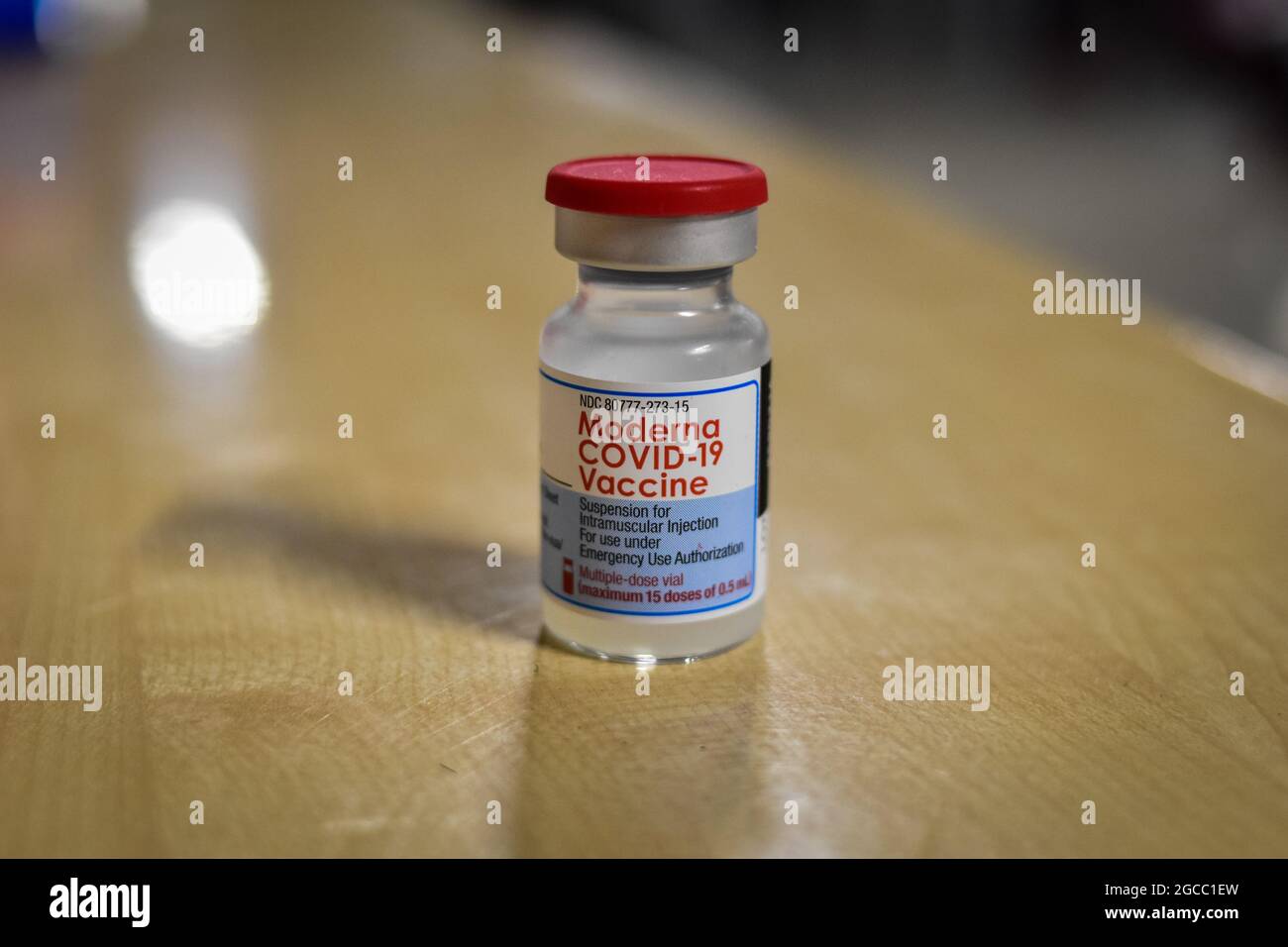 A vial of the Moderna COVID-19 Vaccine as people from ages 25 to 30 start their vaccination phase with the Moderna novel COVID-19 vaccine against the Coronavirus disease in Ipiales - Nariño, Colombia on August 2, 2021. Stock Photo