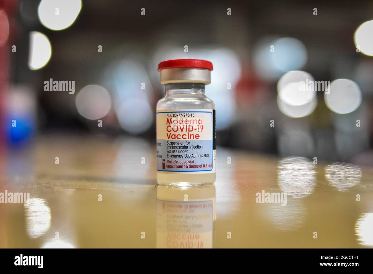 A vial of the Moderna COVID-19 Vaccine as people from ages 25 to 30 start their vaccination phase with the Moderna novel COVID-19 vaccine against the Coronavirus disease in Ipiales - Nariño, Colombia on August 2, 2021. Stock Photo